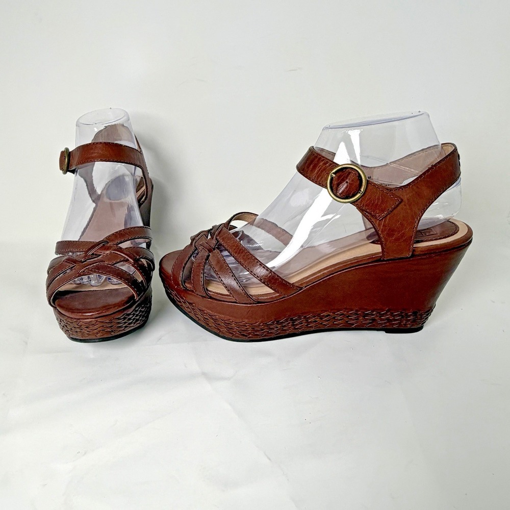FRYE & CO CARLIE 2 PIECE LEATHER ANKLE STRAP BROWN PLATFORM WEDGE SANDALS 8M NWB - Picture 5 of 12